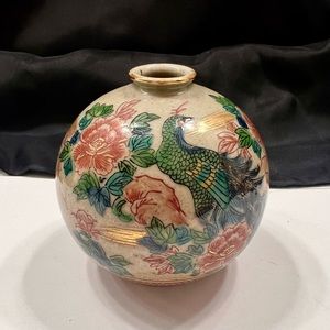 Japanese Kutani-ware Hand Painted‎ Peacock & Flowers Vase 3.5” Antique Mint